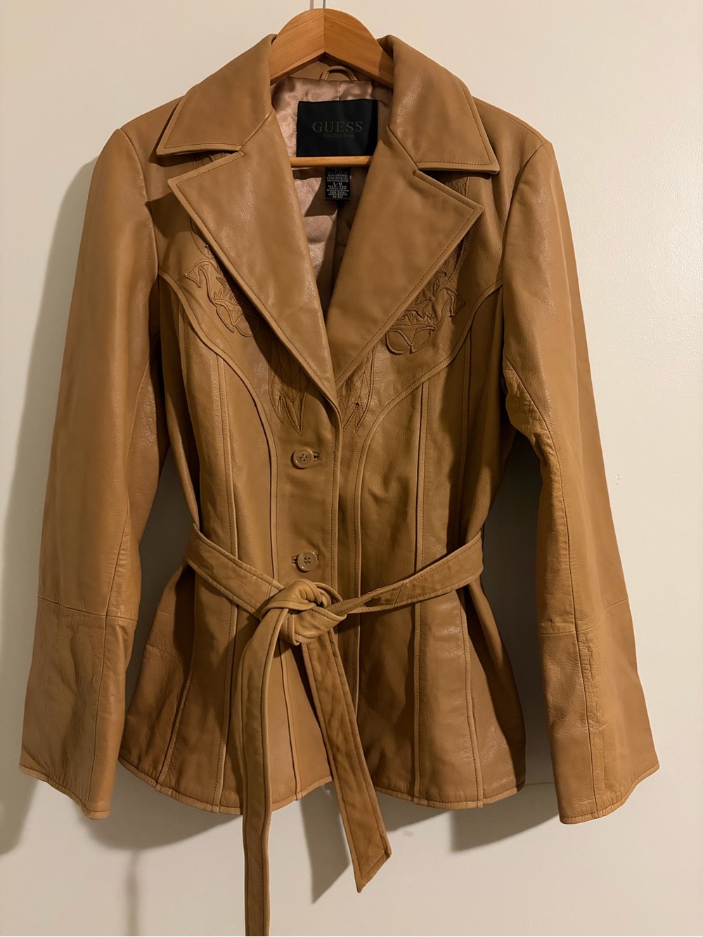 Vintage Y2K GUESS Camel Genuine Leather Embroidered Belted Jacket L